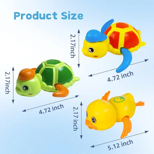 Vista 6 de Cuterabit Juguetes de baño para bebés, tortuga y pato flotantes de cuerda para natación, juguetes para la bañera, juguetes de piscina, juguetes