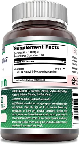 Vista 3 de Amazing Nutrition Suplemento de melatonina 10 mg por porción 120 cápsulas blandas Sin OMG Sin gluten Fabricado en Estados Unidos