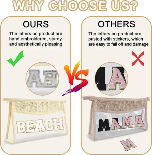 Vista 5 de Iqimott 2 bolsas de maquillaje con parches transparentes, bolsa de letras boho para nadar en la playa, bolsas de maquillaje impermeables