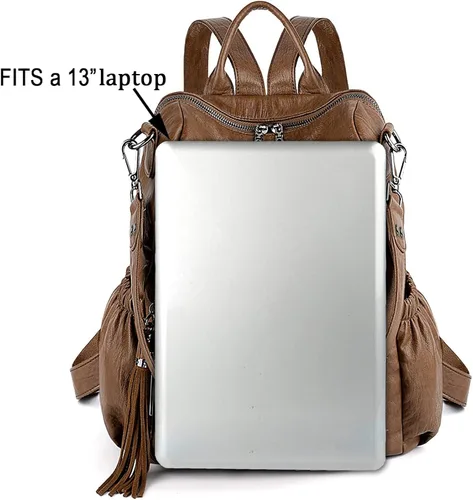 Vista 7 de UTO Mochila de cuero vegano para mujer, diseño de moda, convertible con borla, para viajes, con borla