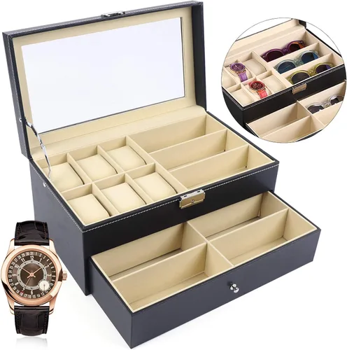 Vista 4 de YIYIBYUS Caja de 6 relojes de cuero negro y 9 piezas de almacenamiento de lentes y gafas de sol organizador de caja con cerradura para gafas de sol