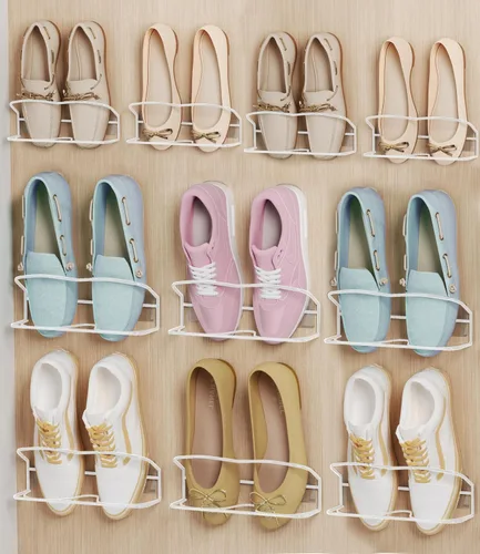 Vista 11 de Zapatero montado en la pared, paquete de 4 unidades, con tiras adhesivas para colgar, almacenamiento de zapatos de pared de metal, organizador