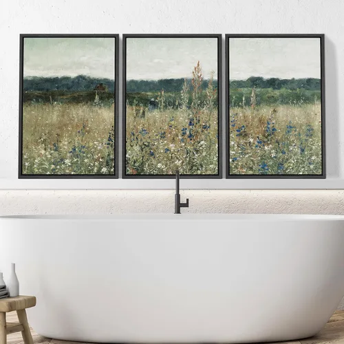 Vista 3 de SIGNWIN Lienzo enmarcado para pared, juego de arte de campos pastorales, flores silvestres, campo rústico, paisaje, floral, ilustraciones modernas