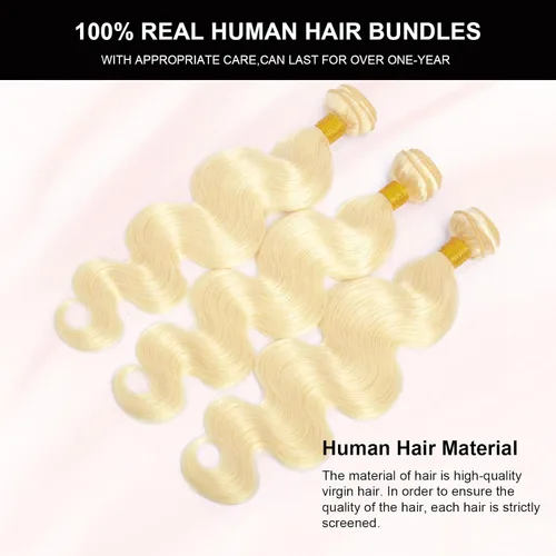Vista 4 de Mechones de cabello humano 613, 14" 16" 18" 300g, 12A rubio ondulado, 100% cabello humano real, vida útil 3 veces más larga, 100% cabello virgen