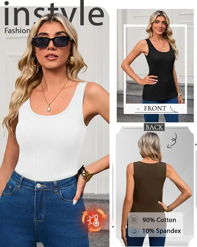 Vista 2 de Paquete de 3 camisetas térmicas sin mangas acanaladas para mujer, de forro polar de algodón, cuello redondo, ajustadas, capa base de camisola