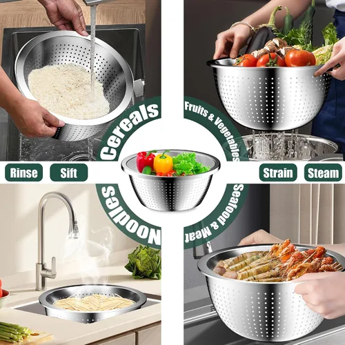 Vista 3 de Juego de cuencos para mezclar con tapas herméticas, 4 cuencos de acero inoxidable anidados y colador, organizadores de cocina y almacenamiento
