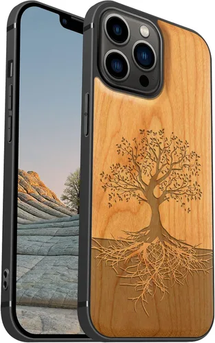 Vista 12 de Carveit Funda magnética de madera para iPhone 13 [madera real dura y TPU suave negro] funda protectora de madera única y elegante a prueba de golpes