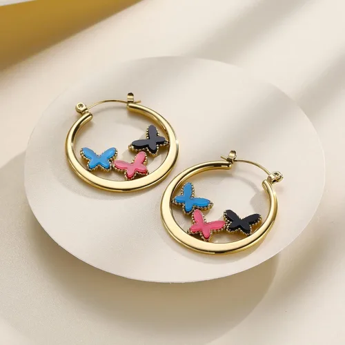 Vista 3 de Aretes de aro, aretes de acero inoxidable chapados en oro personalizado, Acero inoxidable, Sin gemas.