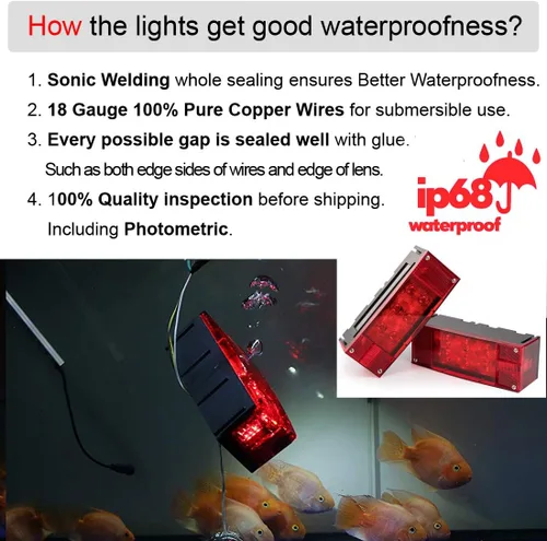 Vista 4 de CZC AUTO 2 luces LED sumergibles de bajo perfil rectangular para remolque, luces LED de remolque con 4 tiras reflectantes, kit de luces de marcha