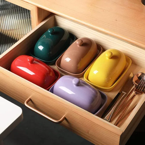 Vista 5 de Sweejar - Mantequillera de cerámica con tapa para encimera, mantequera de porcelana con asa de perilla, recipiente de mantequilla para mantequilla