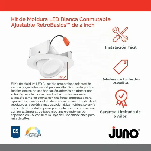 Vista 2 de Juno Iluminación LED Empotrada Ajustable de 4 Pulgadas, Kit de Moldura de Luz LED Descendente con Cardán Ajustable Serie RetroBasics, Luz de Techo