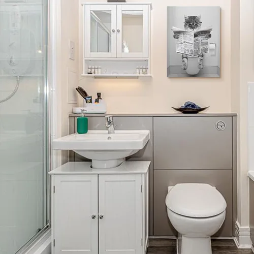 Vista 6 de Divertido lienzo de pared de gato en blanco y negro, decoración moderna de pared de baño, gato sentado en el inodoro, lectura de periódicos, pintura