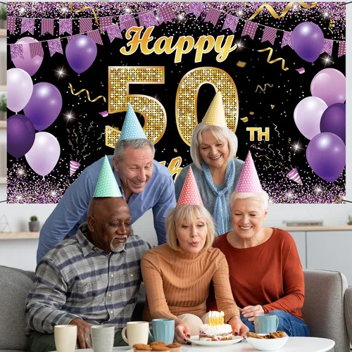 Vista 3 de Cartel de fondo de decoración de cumpleaños 50, decoraciones de feliz cumpleaños 50 para ella, decoración de fondo de fotos de fiesta de cumpleaños