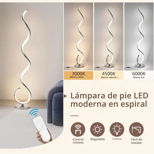 Vista 2 de Lámpara de pie LED en espiral para sala de estar, lámparas de pie modernas de 40 W con control remoto, 3 colores sin escalones, regulable, lámpara
