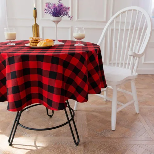 Vista 6 de Mantel Redondo de Cuadros Buffalo de Algodón y Lino, Cubierta de Mesa para Decoración de Fiestas de Navidad, Bodas y Granja