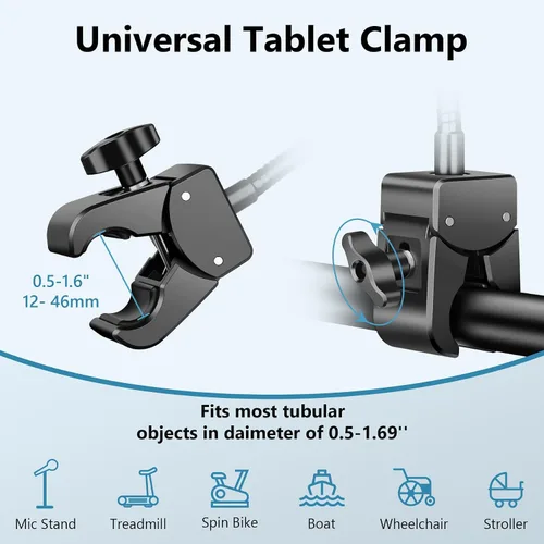 Vista 7 de Soporte para tablet de cuello de cisne, soporte para iPad para cochecito, cinta de correr, carrito de golf, barco, soporte de micrófono, silla