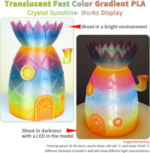 Vista 2 de ZIRO - Rápido cambio de color PLA, filamento translúcido multicolor de 1.75mm, material para impresión 3D, carrete de 1kg, precisión dimensional