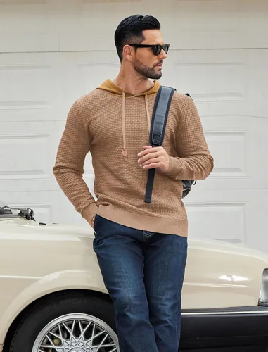 Vista 36 de COOFANDY Sudadera con capucha para hombre, casual, de manga larga, con cordón, de punto gofre, ajustada