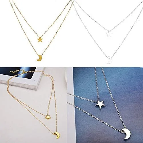 Vista 7 de Simple - Collar de doble capa para mujer, collar con colgante de estrella y luna, gargantilla de cadena de cuello de plata dorada para adolescentes