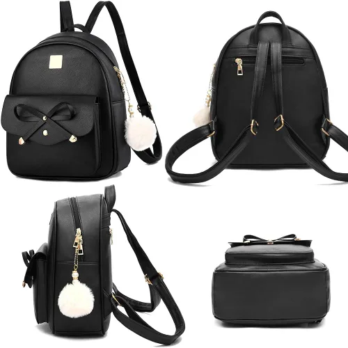 Vista 2 de Mochila de piel para niñas, estilo Bowknot, 3 piezas de mochila, bolso y monedero a la moda, para mujer