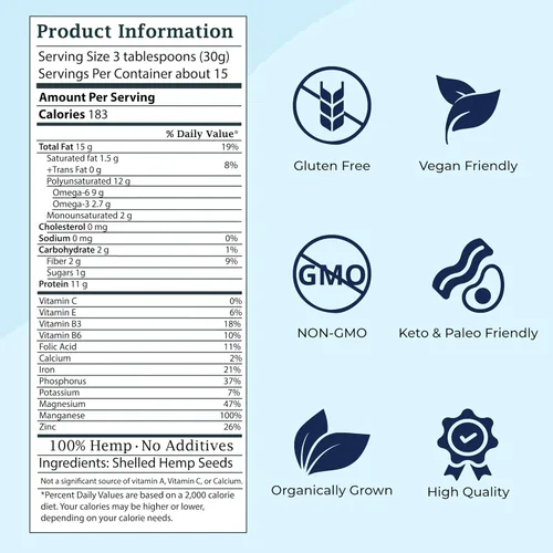 Vista 6 de Zatural Hemp Hearts - Semillas de cáñamo 100% puras sin cáscara cruda, cultivadas naturalmente, sin OMG, proteína vegetal vegana rica en omega
