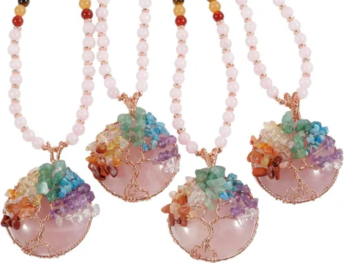 Vista 4 de TUMBEELLUWA Colgante de piedra de árbol de la vida envuelto en alambre de cobre, collar largo de cuentas de cristal de 7 chakras, amuleto de piedras