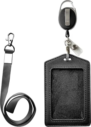 Vista 8 de Funda para tarjeta de identificación + cordón resistente (negro) + mosquetón retráctil de carrete y clip de plástico (cuero genuino)