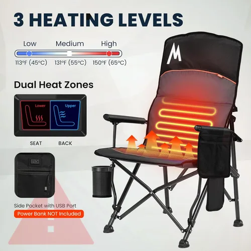 Vista 4 de Overmont Silla de camping climatizada con respaldo alto - 3 niveles de calor Calefacción por separado de 2 zonas - Soporte de 450 libras Silla