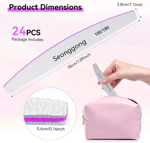 Vista 4 de 24 limas de uñas de grano 100/180 para mujeres, de doble cara, para manicura y pedicura, herramientas de manicura y pedicura para uñas naturales