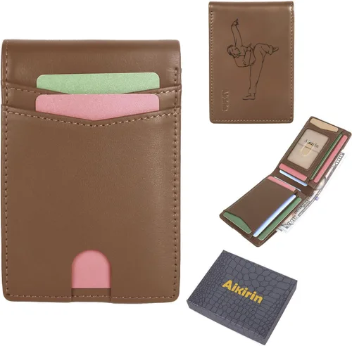 Vista 4 de Aikirin Hombres creativos pintura cartera cuero genuino RFID plegable delgado dinero clip pintado a mano tarjetas titular para los hombres