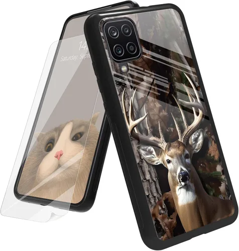 Vista 209 de Funda para Samsung Galaxy A12 5G con protector de pantalla, parte trasera de vidrio templado + TPU de silicona suave que absorbe los golpes