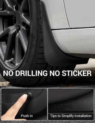 Vista 5 de BASENOR 2017-2023 Tesla Model 3 solapas de barro protectores contra salpicaduras guardabarros (diseño patentado) sin perforación sin cinta