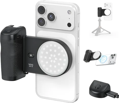 Vista 7 de UURIG PH-14 - Mango de obturador de cámara para teléfono inteligente con control remoto Bluetooth inalámbrico desmontable, luz de relleno ajustable