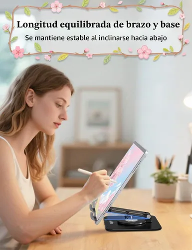 Vista 5 de Soporte para Tablet para iPad, Soporte Plegable de Aluminio Giratorio 360° – Soporte de Escritorio Ajustable Compatible con iPad Pro 12.9/11 Negro