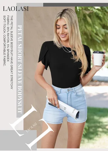 Vista 4 de LAOLASI Body de manga corta con pétalos para mujer, cuello redondo, ajustado, informal, elástico, para mujer