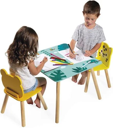 Vista 5 de Janod - Mesa Tropik de Madera y 2 Sillas - Mueble Infantil - Mesa: 21,65 x 21,65" - 1 Silla Jaguar y Rana - Pinturas a Base de Agua - 3 Años + J08273