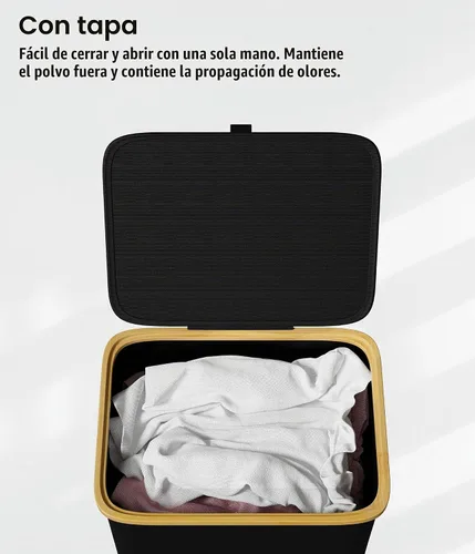 Vista 6 de SUOCO Cesta de lavandería con ruedas 100L, canasta de ropa con tapa y asas de bambú, cesta plegable para la ropa sucia para dormitorio, baño, Negro