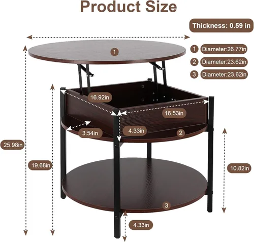 Vista 2 de FAHKNS Mesa auxiliar redonda con parte superior elevable con almacenamiento y compartimento oculto, mesa circular de dos niveles de 26.77 pulgadas