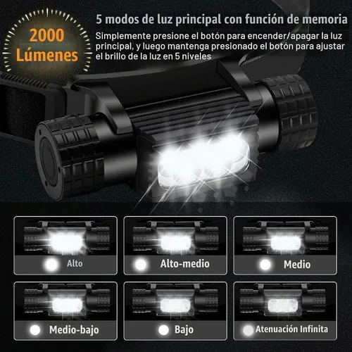 Vista 2 de Linterna frontal recargable, 2000 lúmenes, lámpara LED súper brillante para adultos, IP67 impermeable recargable con 9 modos, linterna de cabeza