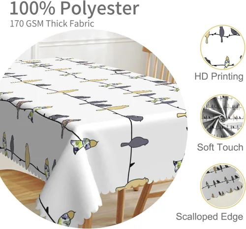 Vista 3 de Mantel rectangular de 60 x 120 pulgadas, estampado de pájaros en ramas, mantel decorativo impermeable y resistente a las manchas, para cocina
