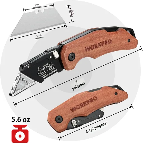 Vista 6 de WORKPRO Cuchillo utilitario plegable con cabeza de acero inoxidable, hoja de cambio rápido y bloqueo trasero, mango de madera resistente, 1 cuchillo