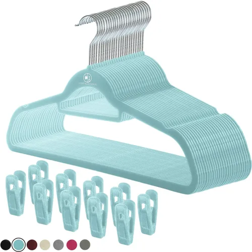 Vista 12 de Perchas de terciopelo negro, ultra delgadas que ahorran espacio, muescas, barra de corbata, gancho giratorio, paquete de 30, con 20 clips