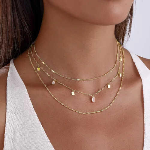 Vista 5 de Fwlisesa Collares en capas para mujer, conjunto de collares de oro delicado, collar de gargantilla chapado en oro de 14k, con circonita cúbica