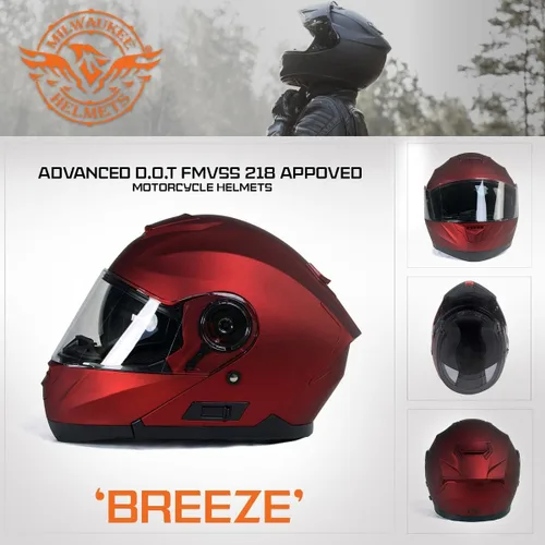 Vista 7 de Cascos Milwaukee MPH9817DOT Breeze Rojo, Casco de Moto Modular Avanzado, para Motociclista, con Visera Desmontable - Extra Pequeño
