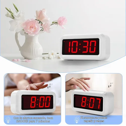 Vista 4 de Reloj despertador, reloj digital, modo nocturno automático, brillo LED de 3 niveles, funciona con pilas, 12/24 horas, pantalla de dígitos rojos