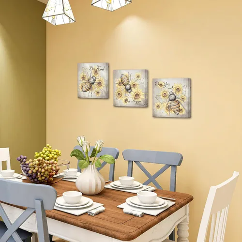 Vista 4 de iHAPPYWALL 3 piezas de lienzo de abeja de miel, arte de pared, diseño de girasol y citas motivacionales, ilustraciones para cocina, dormitorio
