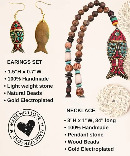 Vista 6 de DREMINOVA Juego de aretes y collar hippie étnico nativo bohemio bohemio para mujer, joyería tribal hecha a mano