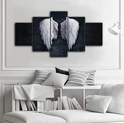 Vista 6 de Urttiiyy Lienzo decorativo de alas de ángel para pared, diseño de plumas de ángel en el suelo, pinturas en la pared, 5 paneles, carteles grandes