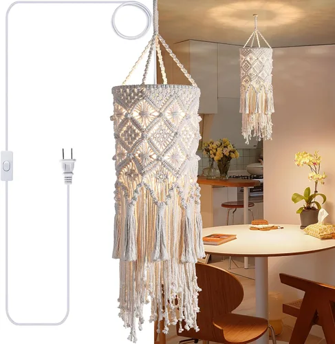 Vista 12 de Bioaqua Pantalla de Lámpara Colgante Boho, Luz Colgante de Macramé, Luminaria Boho Hecha a Mano con Cable de Enchufe para Hogar, Sala de Estar