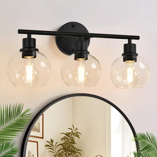 Vista 14 de Indoi Juego de 2 apliques de pared negros mate, lámparas de tocador de vidrio transparente con base E26, luces de pared reversibles arriba o abajo